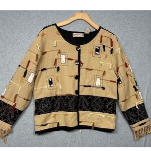 New Direction Kimono Cardigan Jacket Beige Tribal Fringe Embroidered Women M L‎